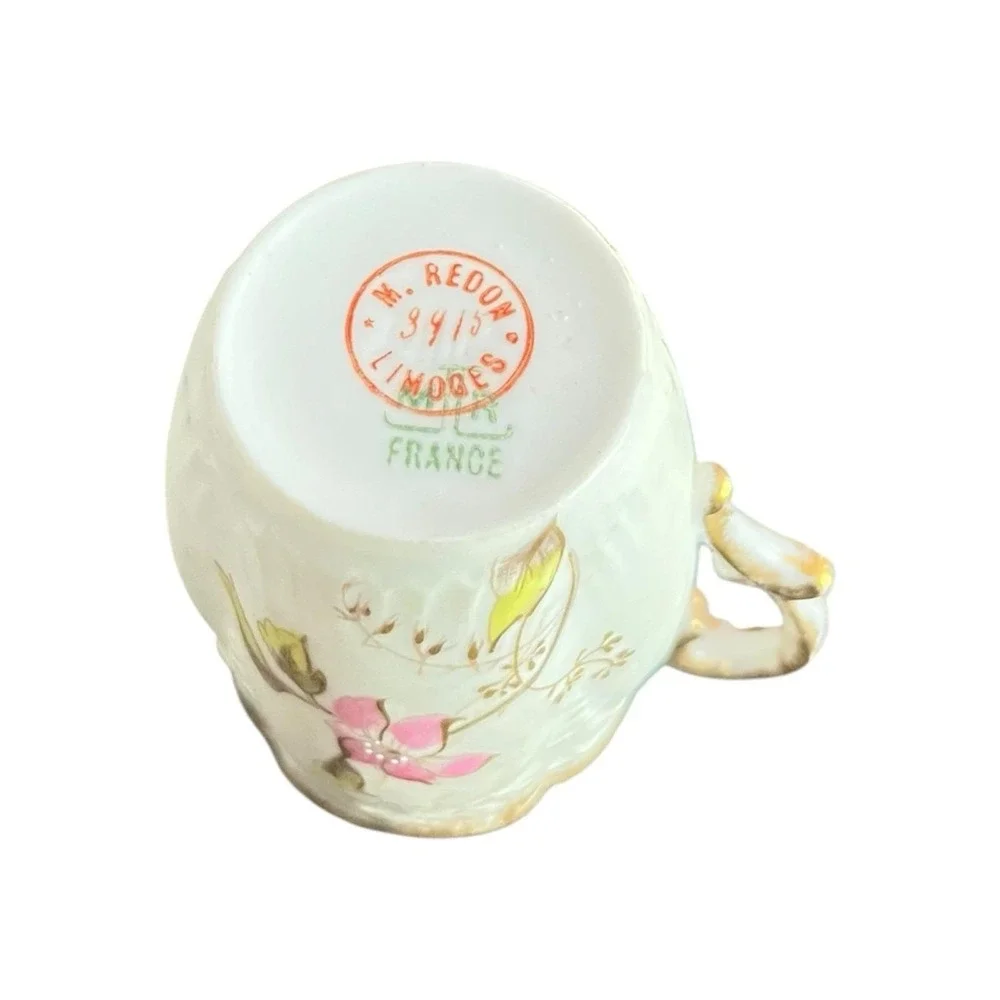 Antique M Redon Limoges Hand Painted Porcelain Demitasse Cup and Saucer ca 1880s